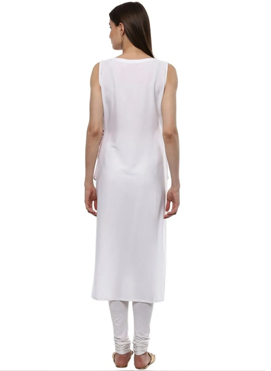 Ahalyaa White & Pink Floral Scarf Cape Attached Straight Kurta