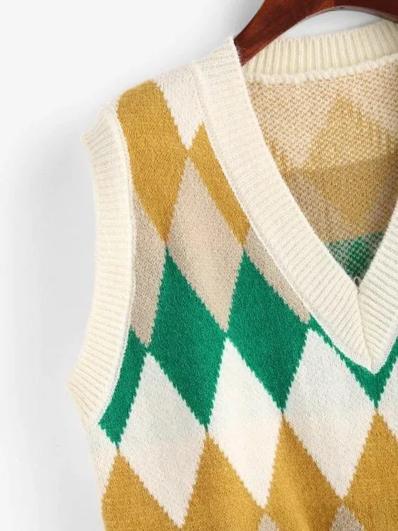 Argyle Knitted Preppy Sweater Vest for Women