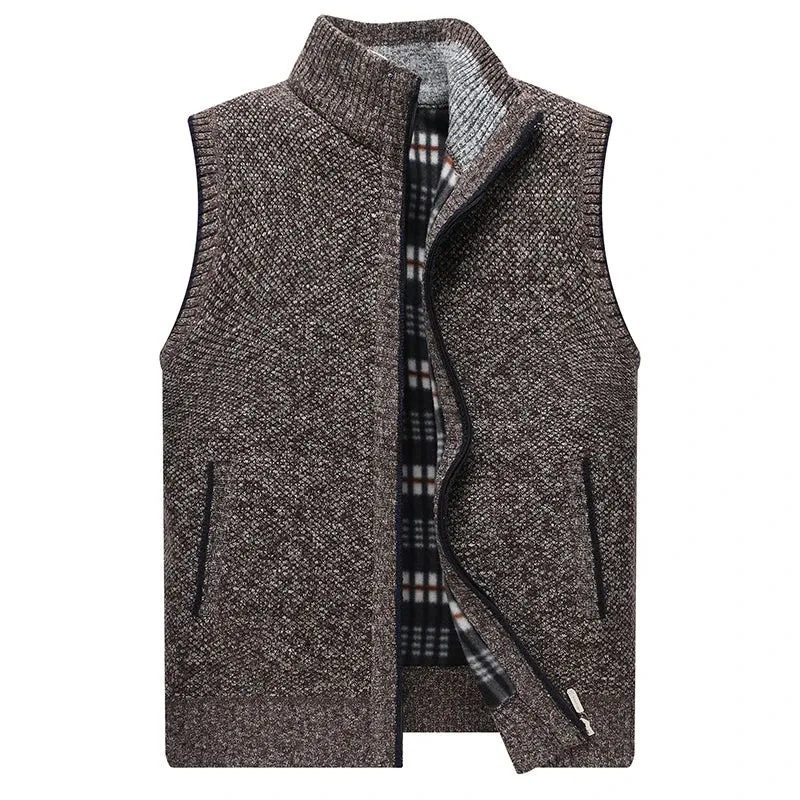 Autumn Winter Mens Sweater Vest Thick Warm Sleeveless Knitted Cardigan Vest Sweatercoat Zipper Casual Outerwear Vest Sleeveless