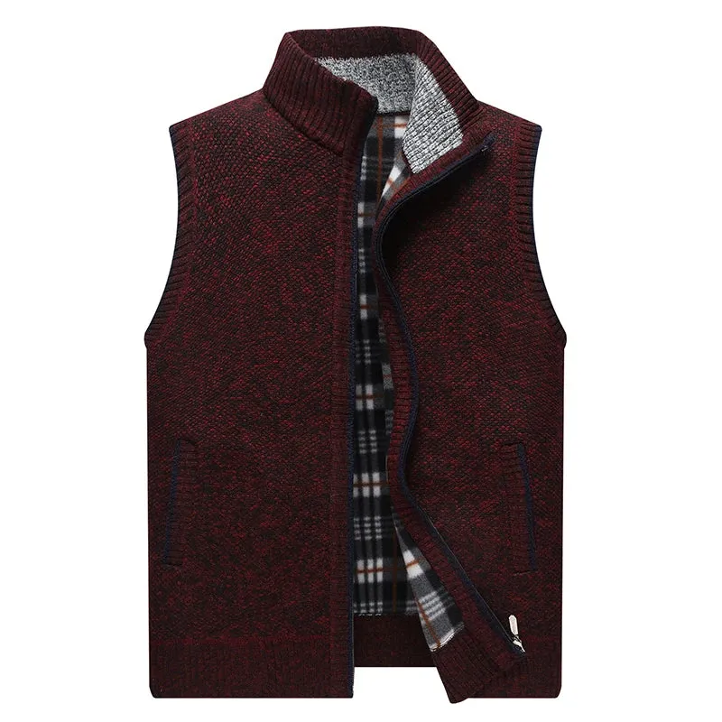 Autumn Winter Mens Sweater Vest Thick Warm Sleeveless Knitted Cardigan Vest Sweatercoat Zipper Casual Outerwear Vest Sleeveless