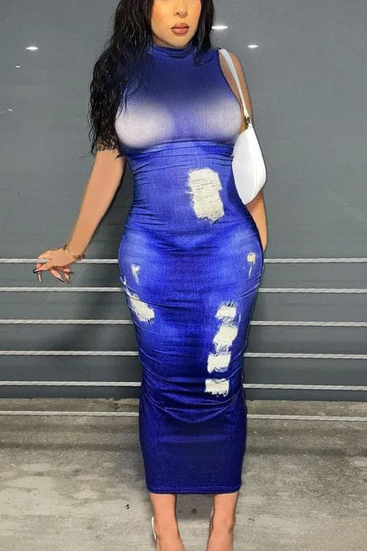 BA185 Sleeveless Long Graphic Dress