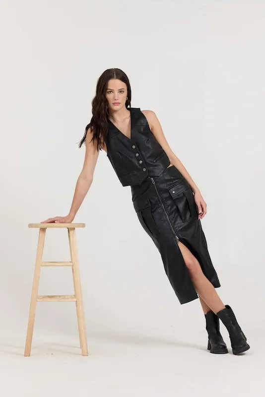 Black Leather Button Front Vest