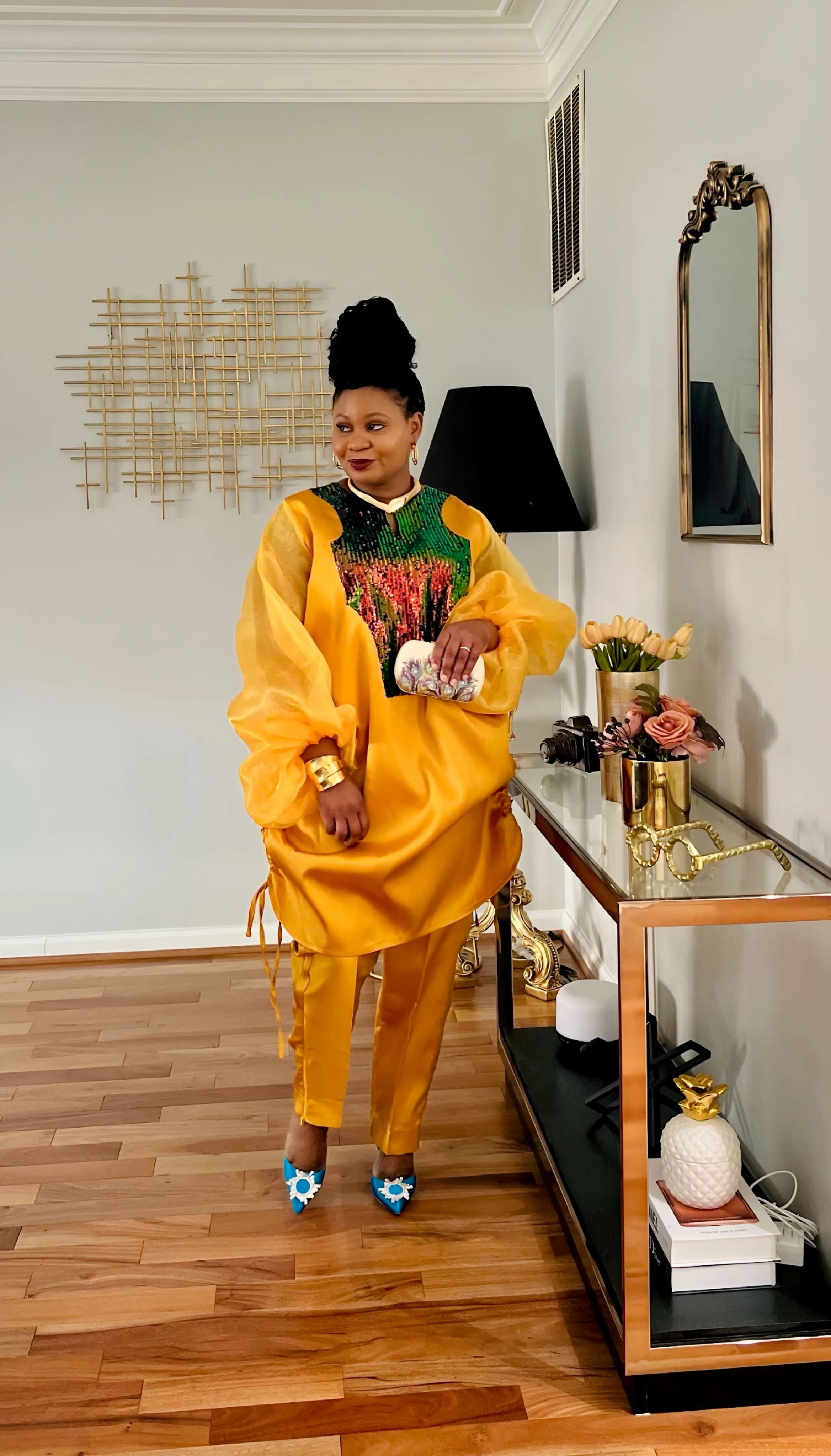 Boss Tunic Top and Pant set with sequin and bubble sleeves (Burnt Gold)