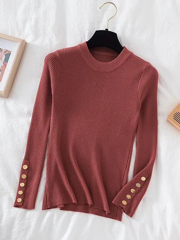 Button detail on sleeve round-neck knit top jumper