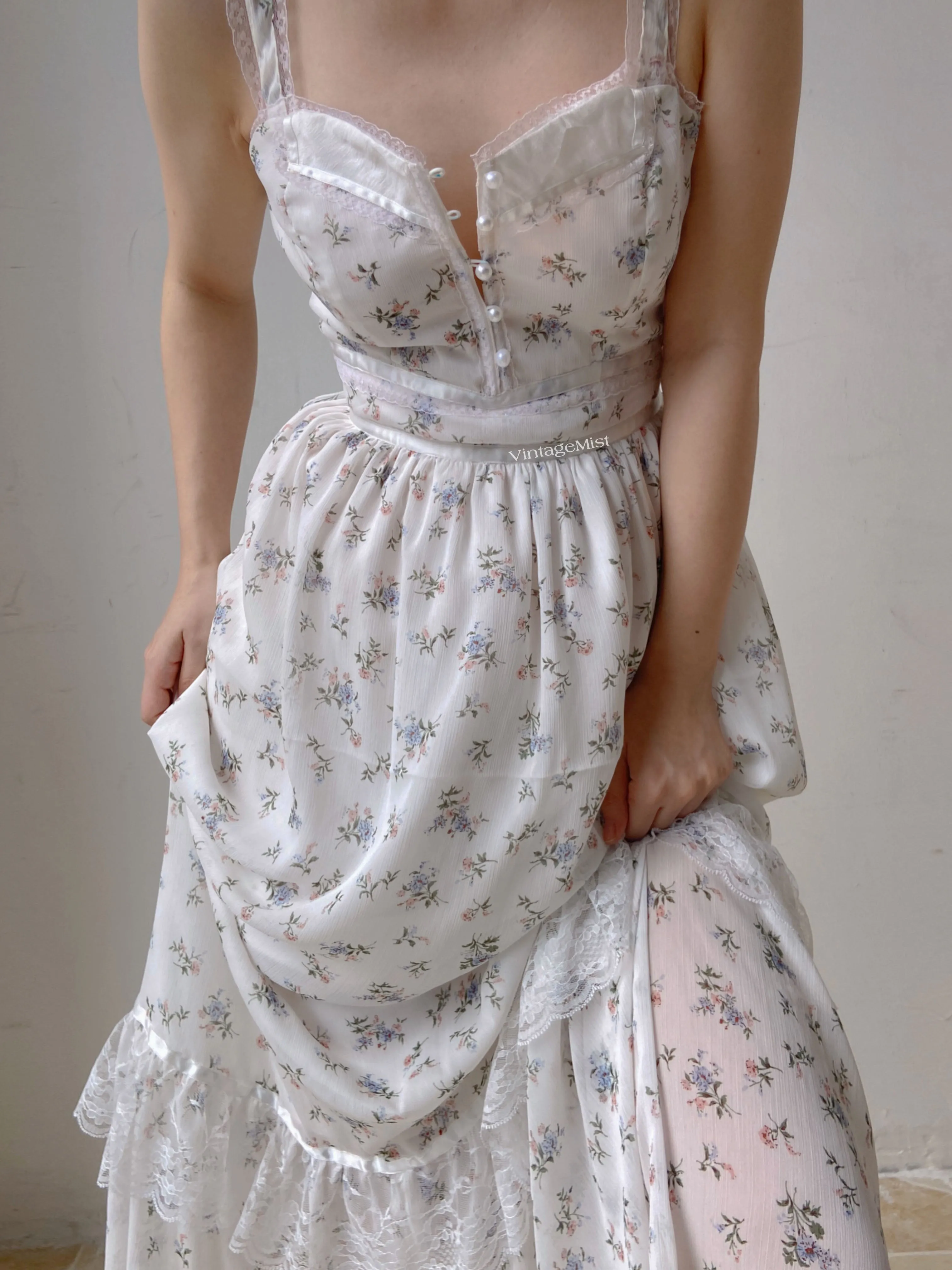 Chiffon Floral Lace Trim Beaded Cami Dress