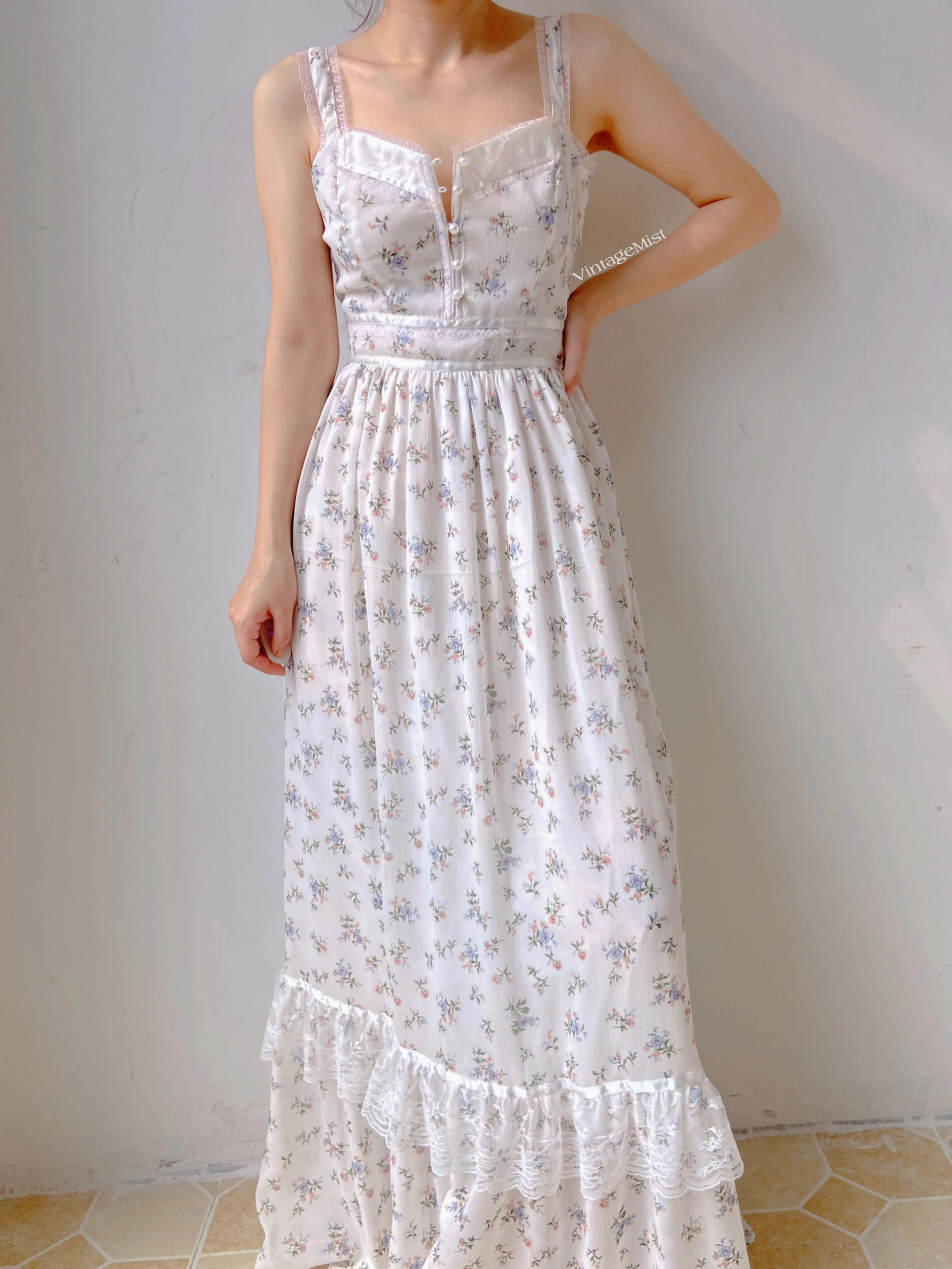 Chiffon Floral Lace Trim Beaded Cami Dress