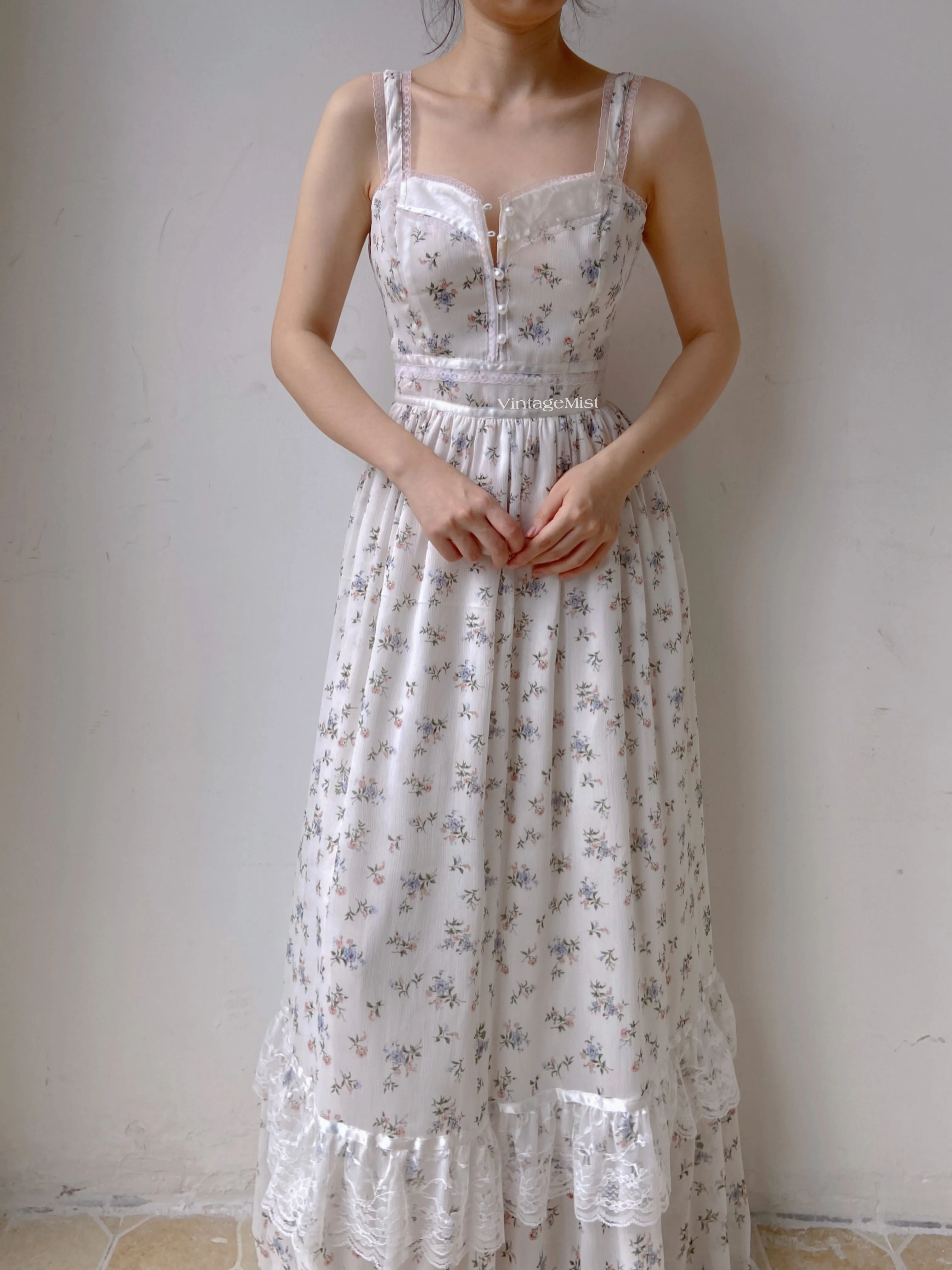 Chiffon Floral Lace Trim Beaded Cami Dress