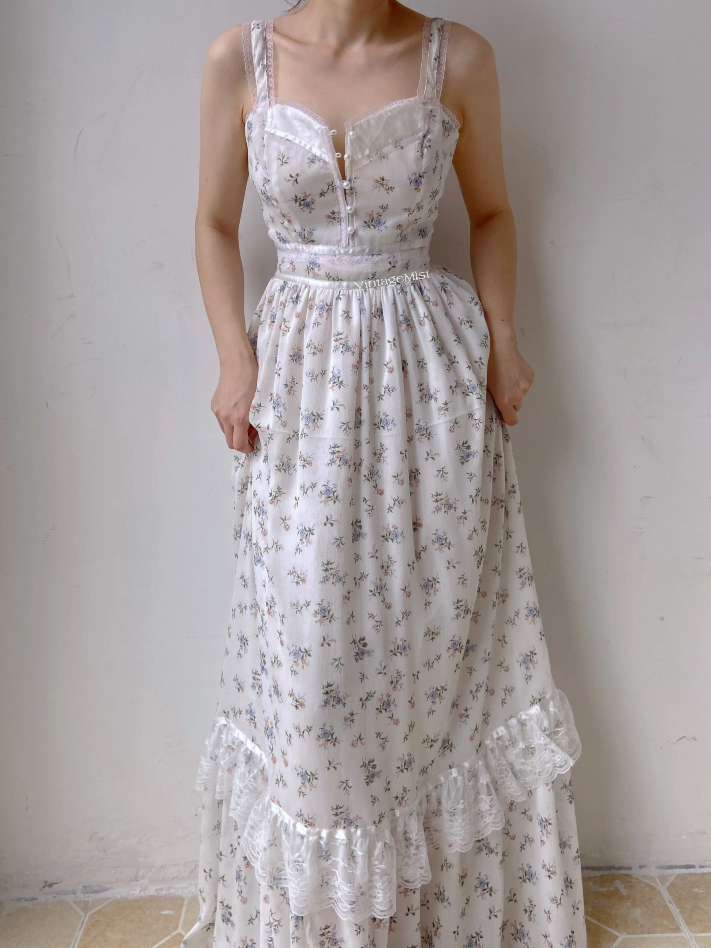 Chiffon Floral Lace Trim Beaded Cami Dress