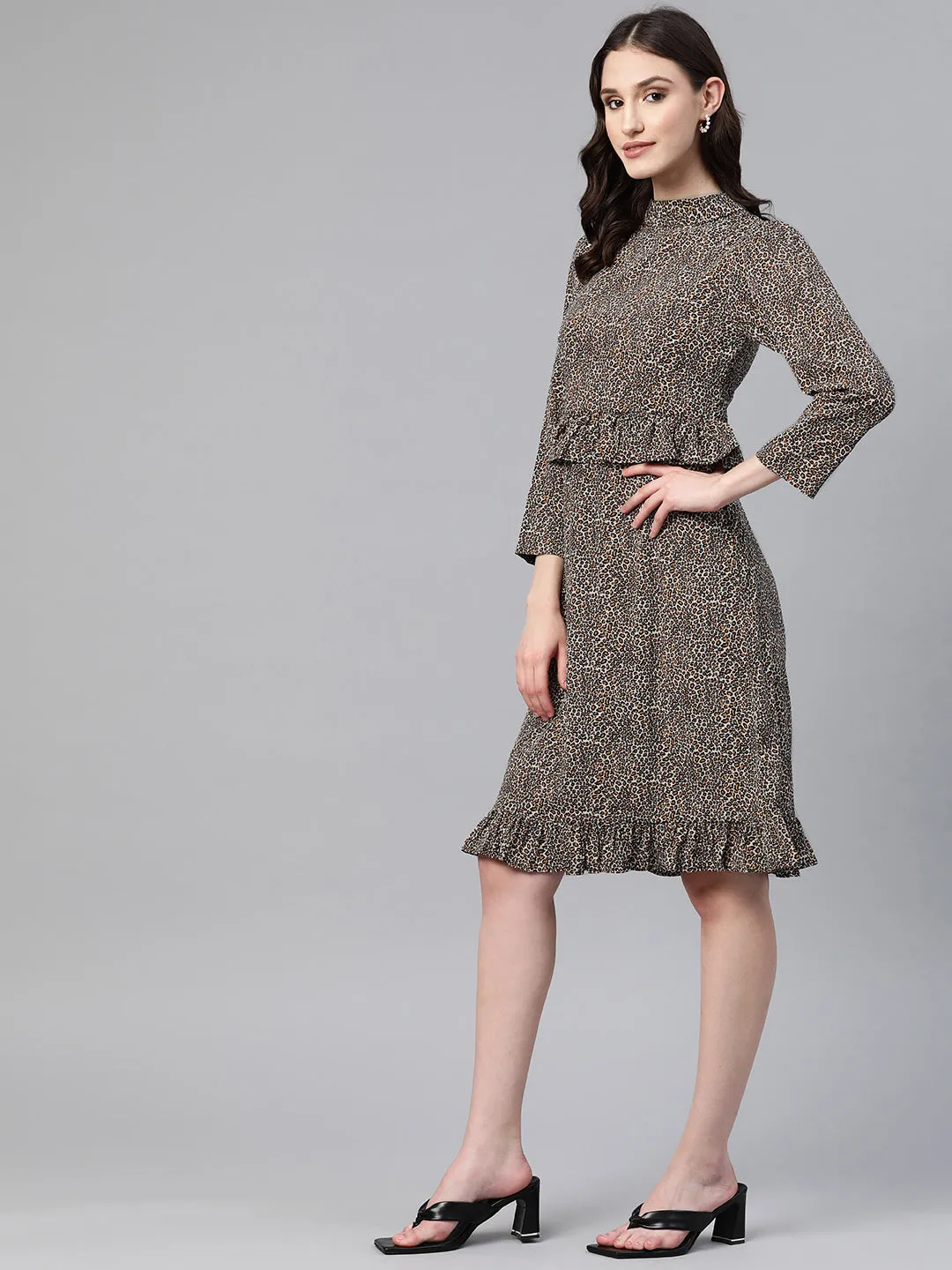 Cottinfab Animal Print High Neck Ruffled Crepe A-Line Dress