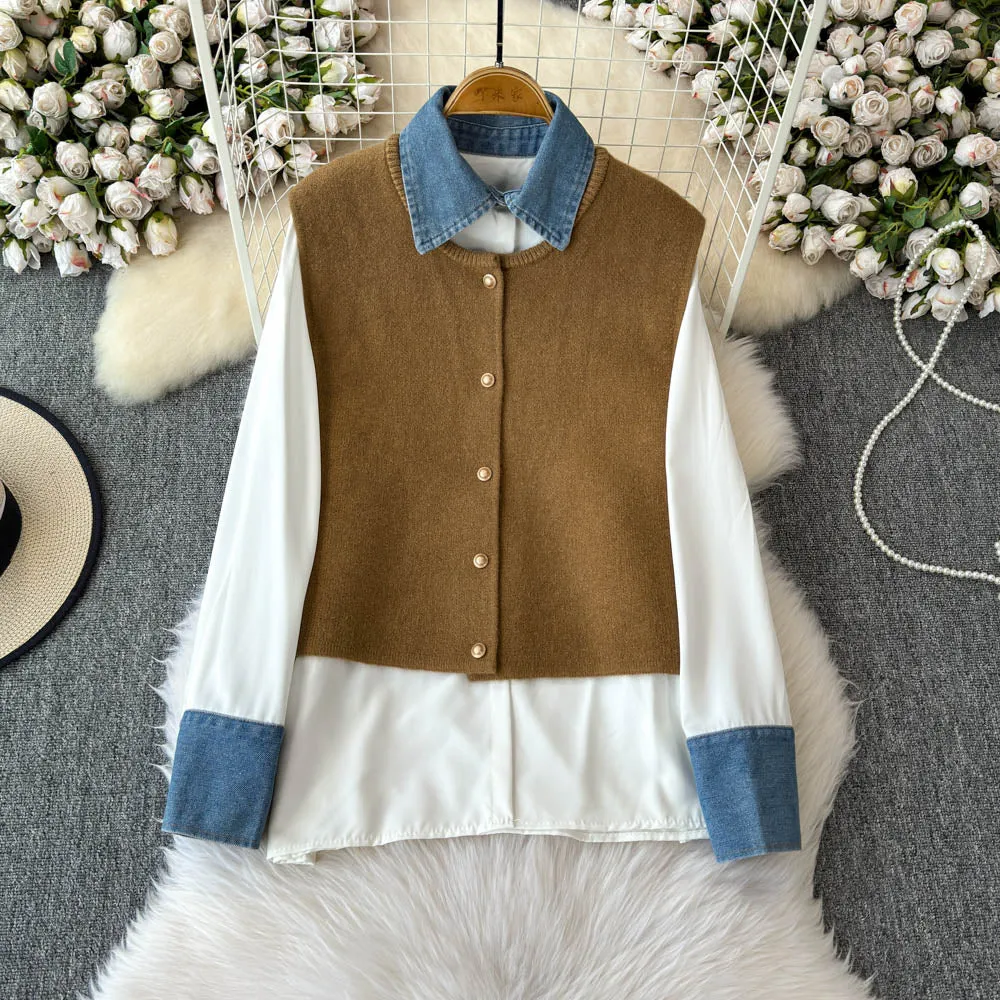 Denim Patchwork Shirt & Knitted Vest