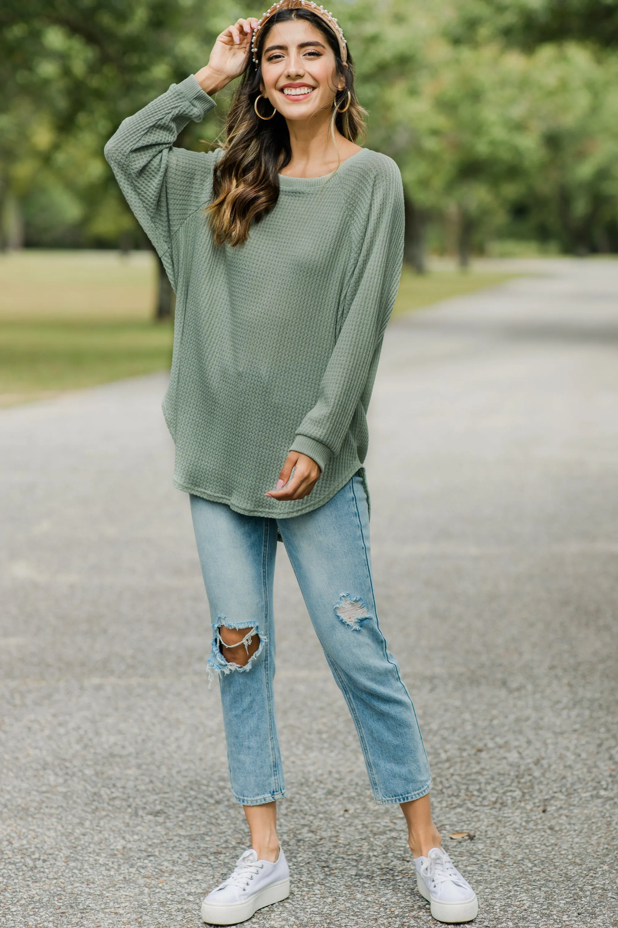 Easy Like Sunday Sage Green Waffle Tunic