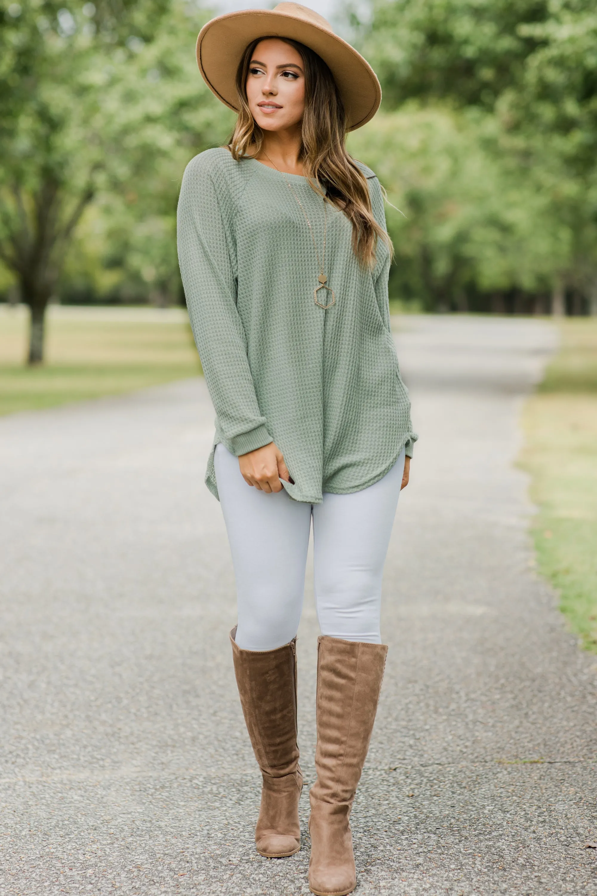 Easy Like Sunday Sage Green Waffle Tunic