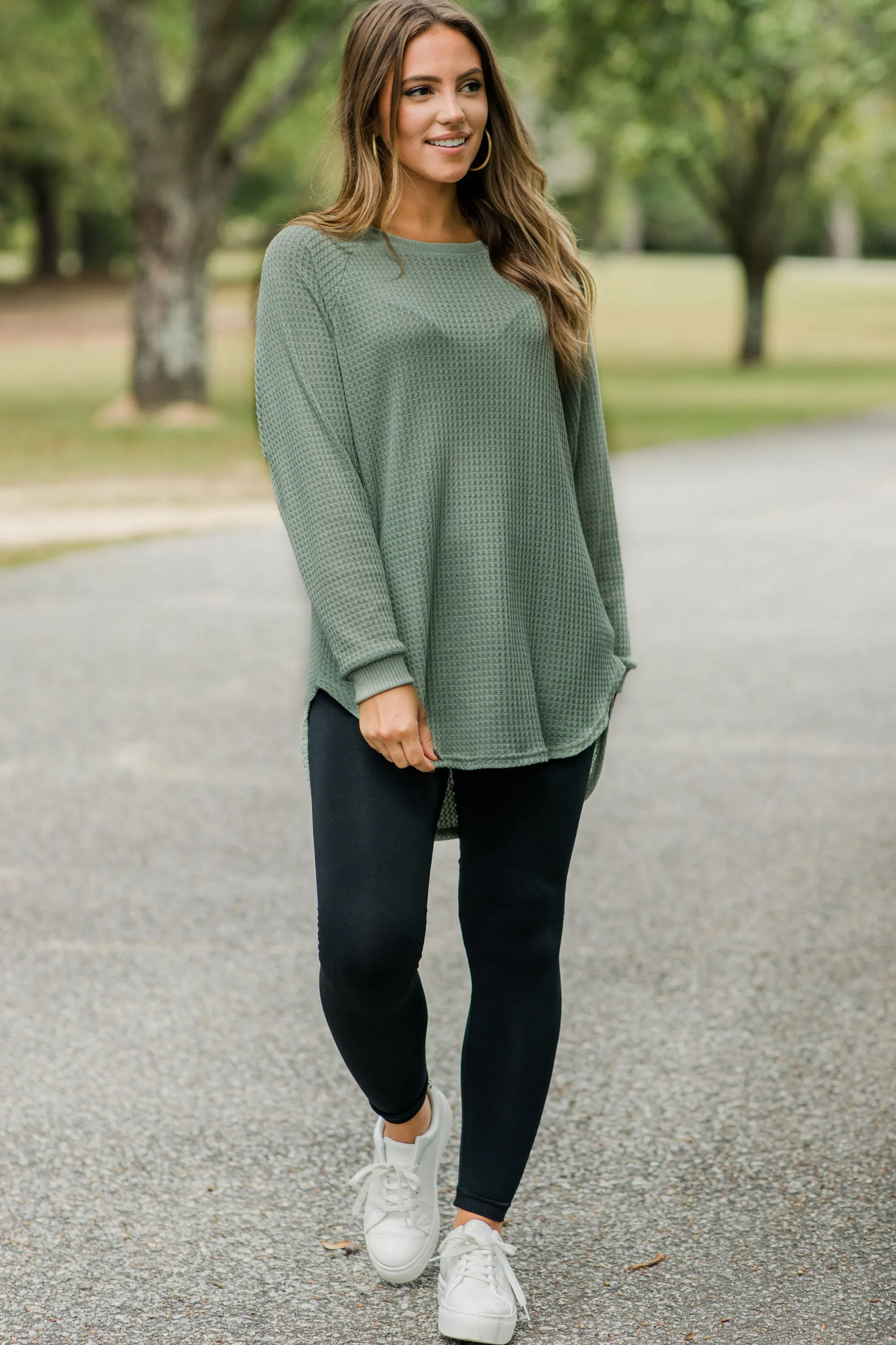 Easy Like Sunday Sage Green Waffle Tunic