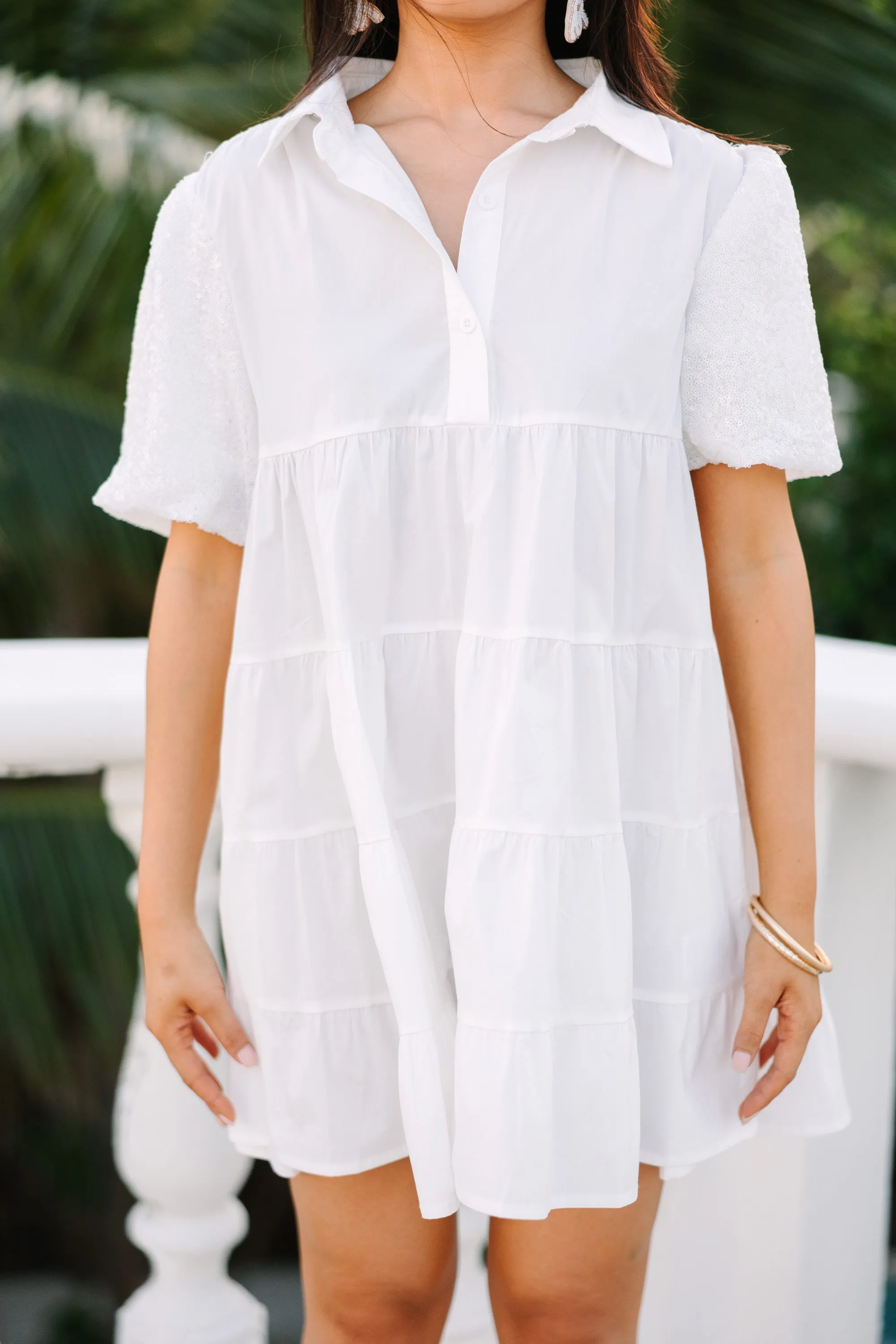 Enlighten Me White Sequin Sleeve Baby doll Dress