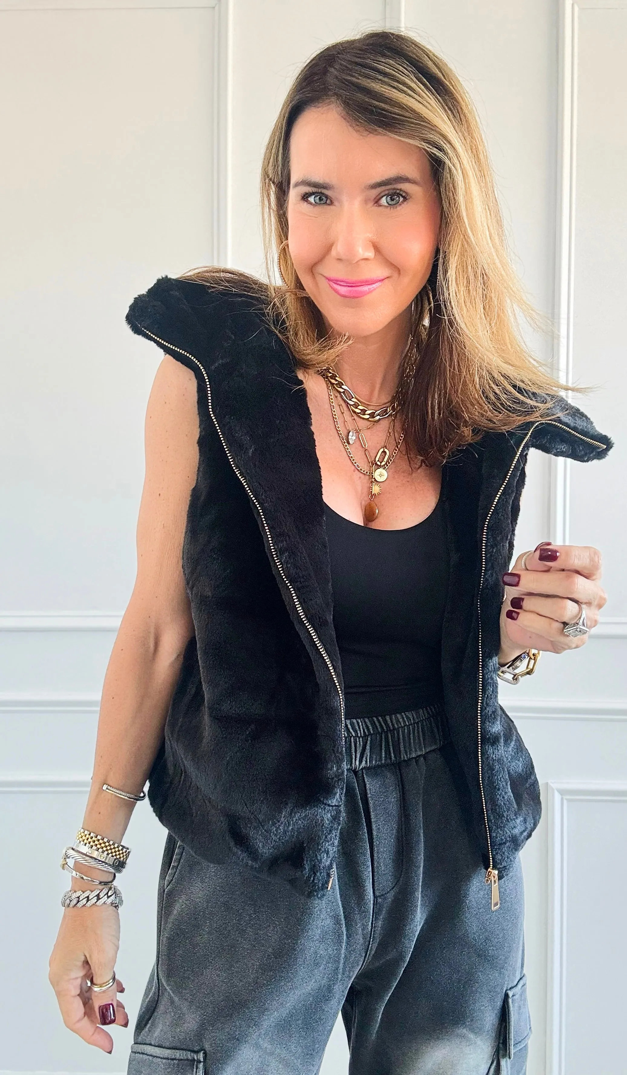 Furry Sleveless Hooded Vest - Black