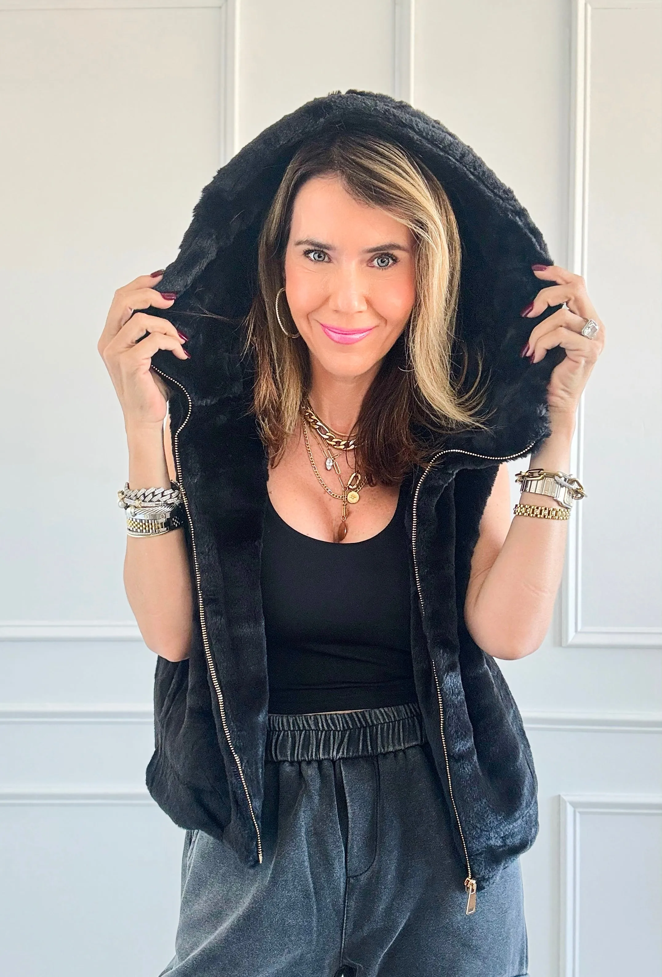 Furry Sleveless Hooded Vest - Black