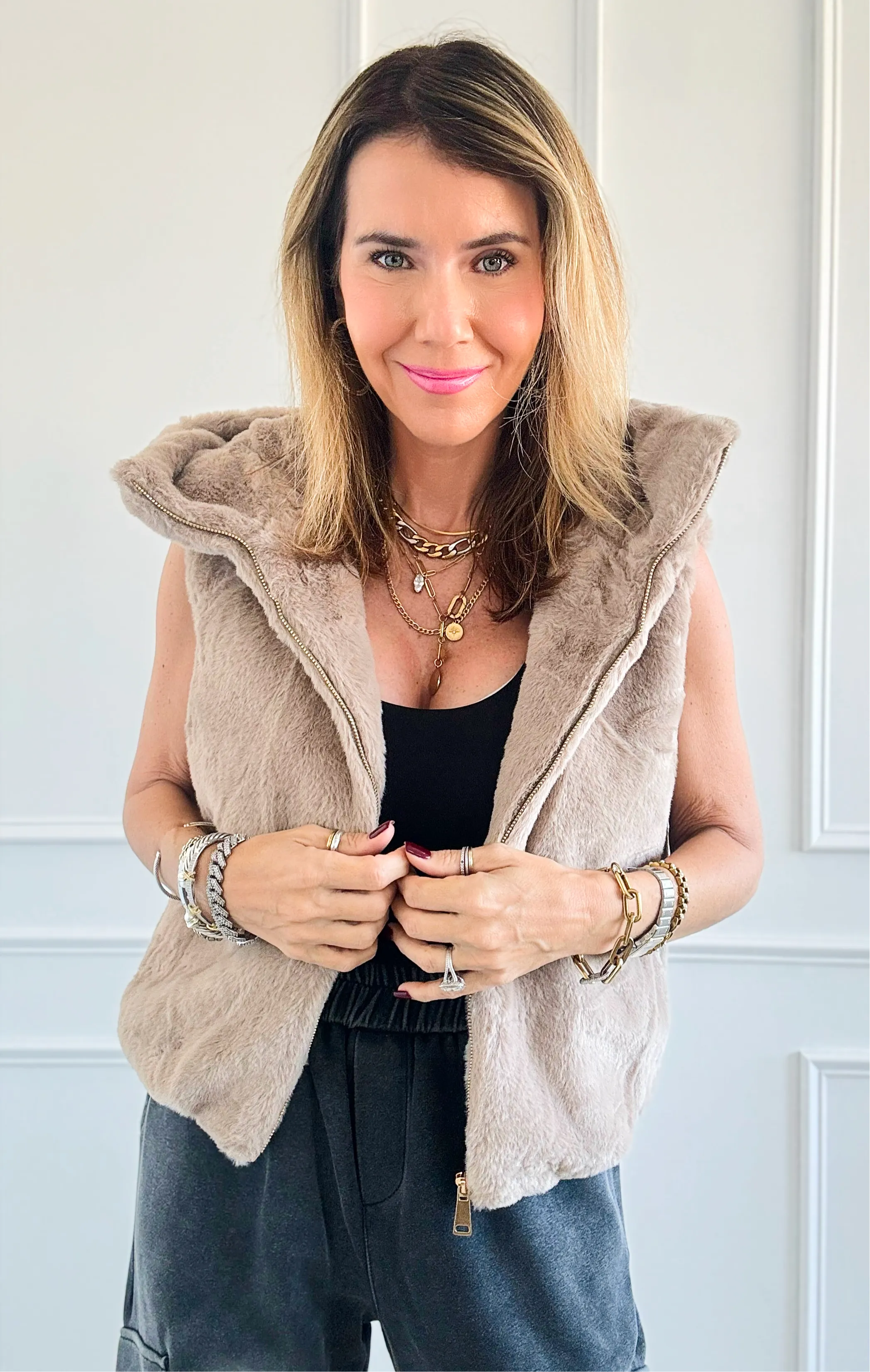 Furry Sleveless Hooded Vest - Coco