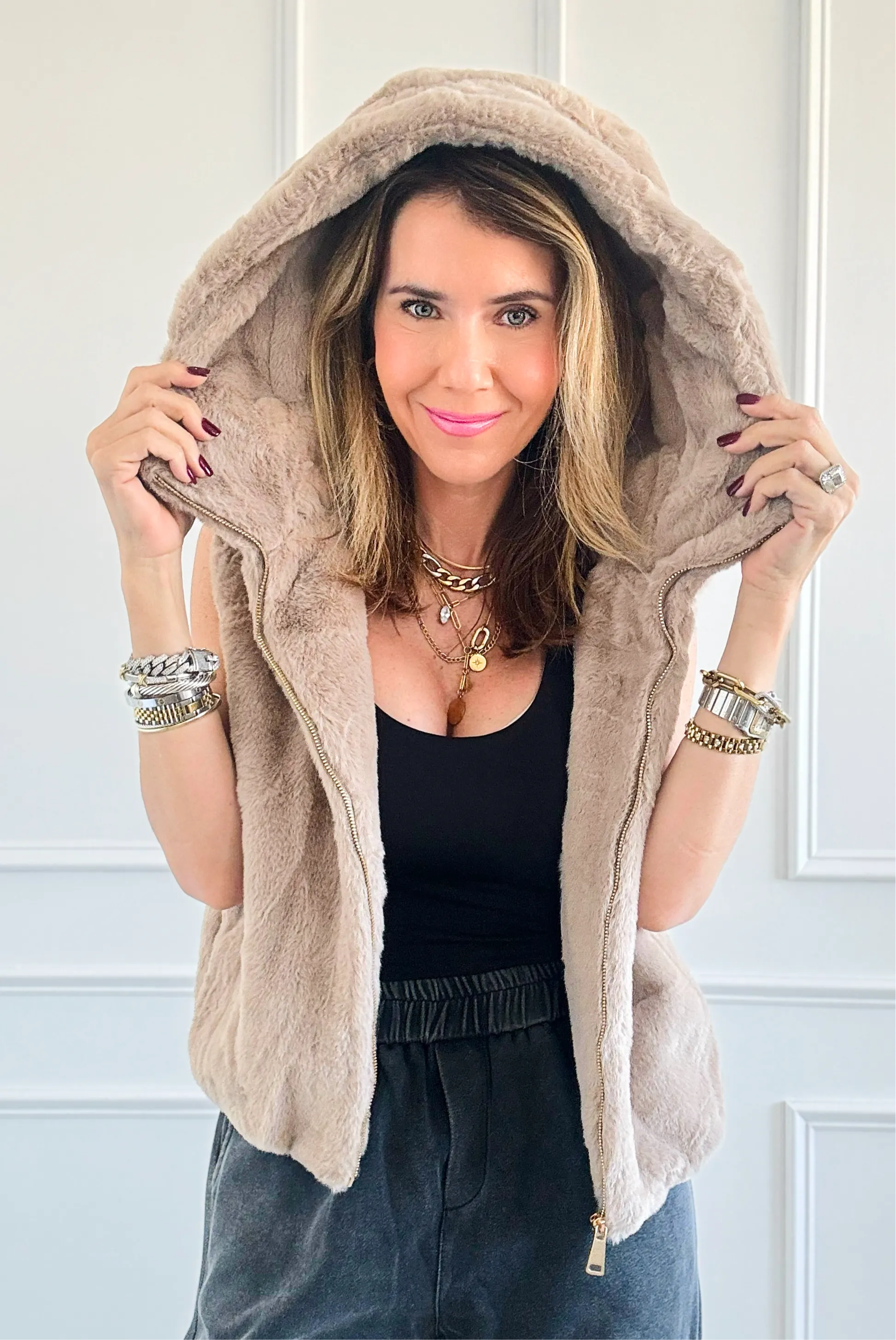 Furry Sleveless Hooded Vest - Coco