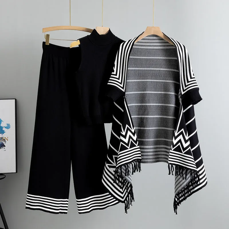 GBOLSOS 2025 style fashion suit women's spring temperament knitted striped shawl jacket vest wide leg pants three-piece trendy set