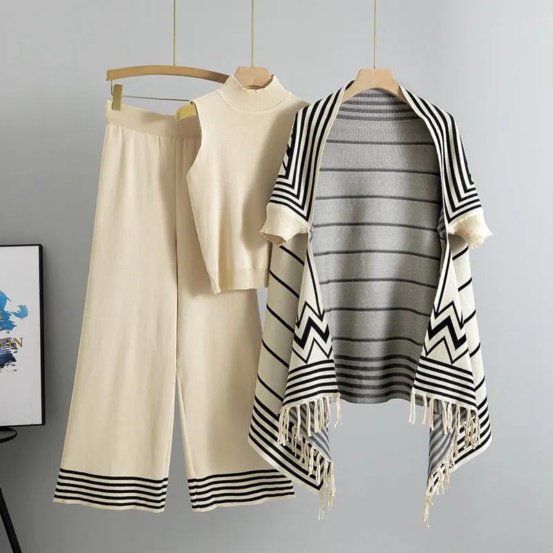 GBOLSOS 2025 style fashion suit women's spring temperament knitted striped shawl jacket vest wide leg pants three-piece trendy set