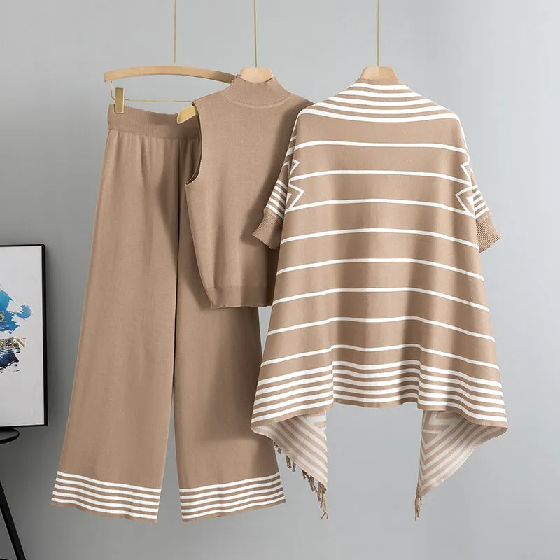 GBOLSOS 2025 style fashion suit women's spring temperament knitted striped shawl jacket vest wide leg pants three-piece trendy set
