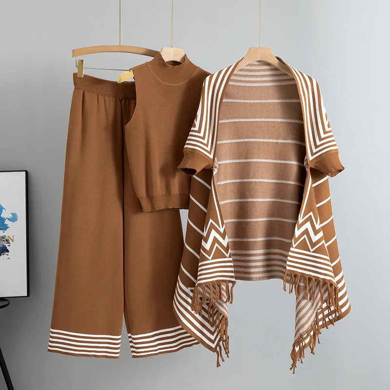 GBOLSOS 2025 style fashion suit women's spring temperament knitted striped shawl jacket vest wide leg pants three-piece trendy set
