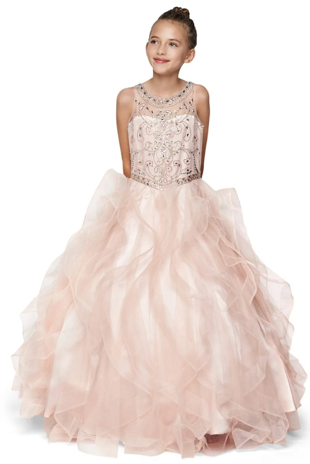 Girls Beaded Illusion Ball Gown with Layered Skirt 8000