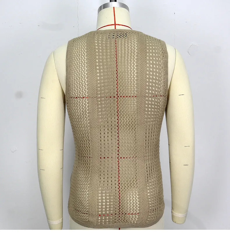 Hollow-out knitted sweater, men's sleeveless slim-fit knitted vest