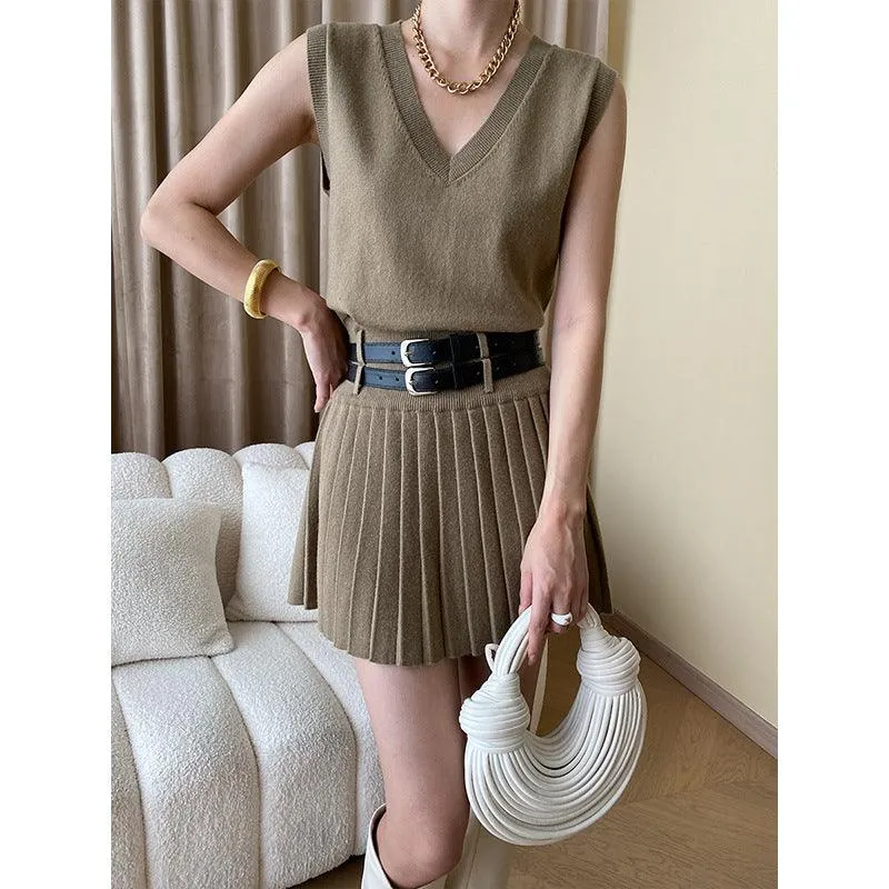 Knitted V-Neck Vest & Pleated Skirt Set - Elegant Style
