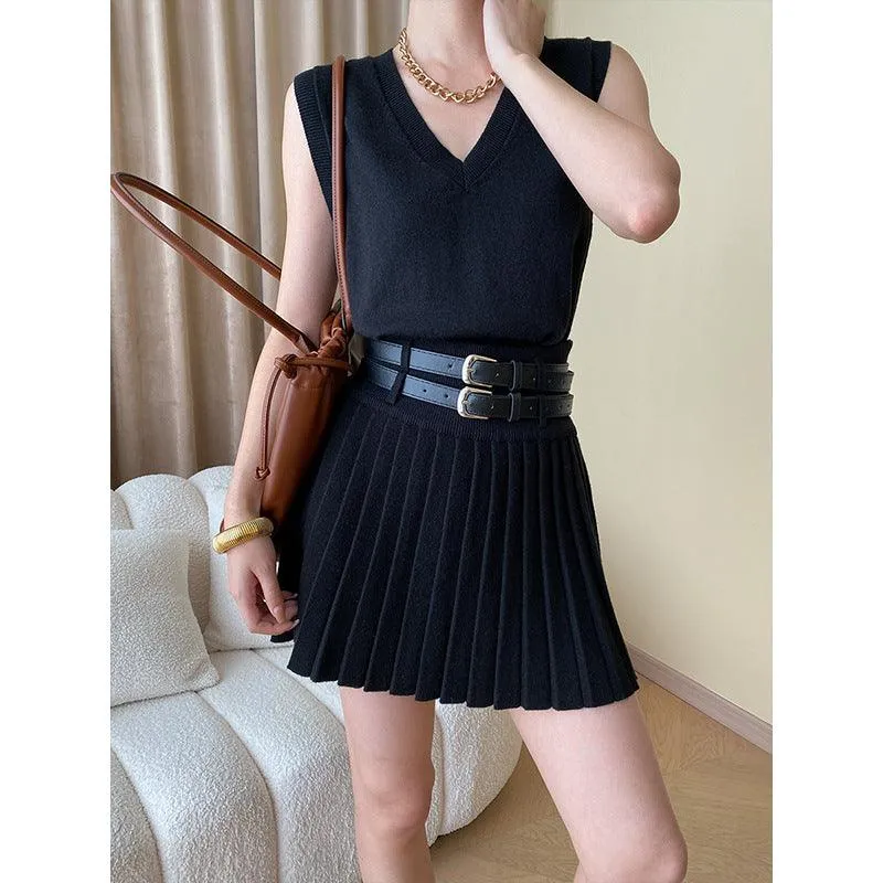 Knitted V-Neck Vest & Pleated Skirt Set - Elegant Style