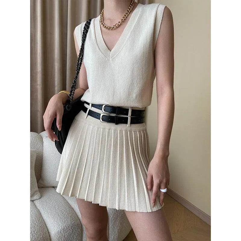 Knitted V-Neck Vest & Pleated Skirt Set - Elegant Style