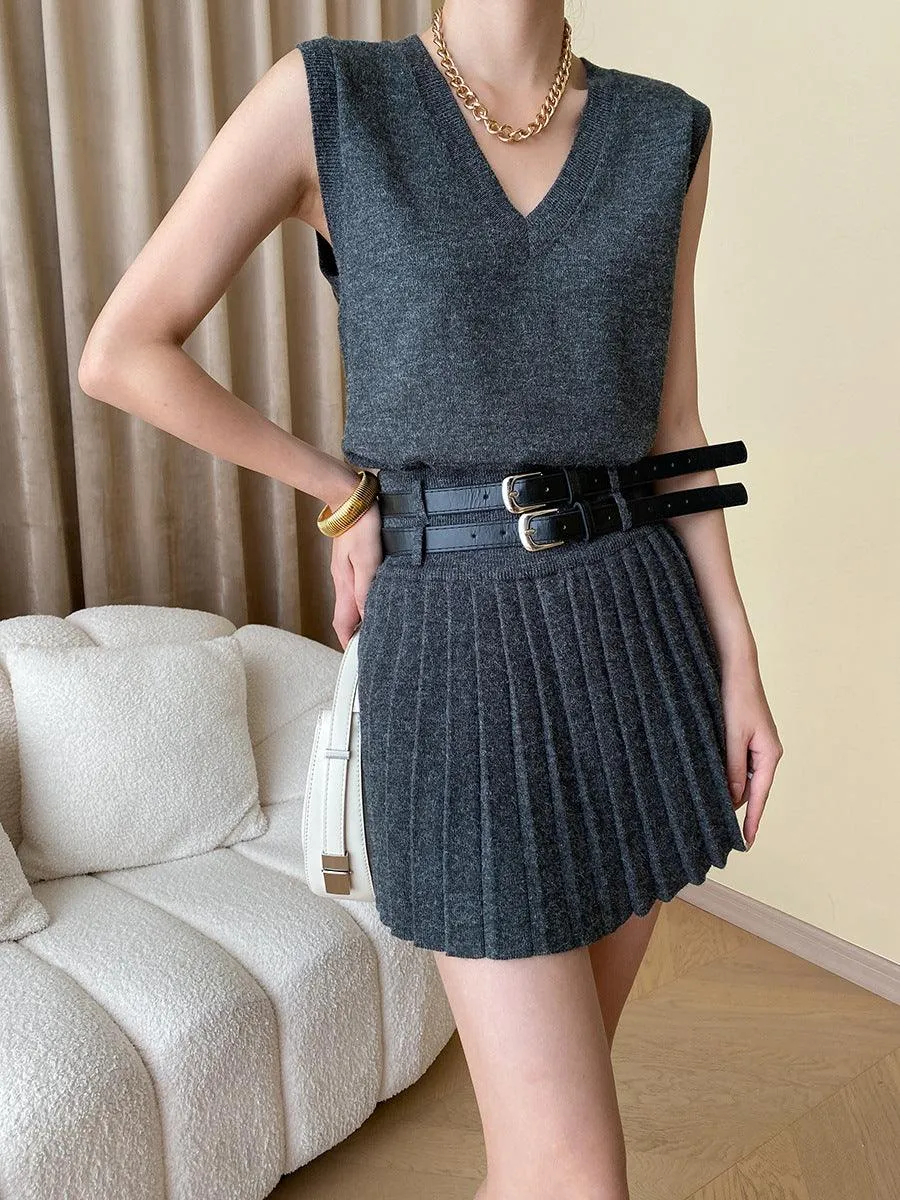 Knitted V-Neck Vest & Pleated Skirt Set - Elegant Style