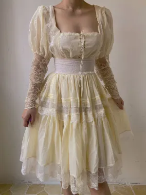 Lace Leg-of-Mutton Sleeve Pleated Midi Dress
