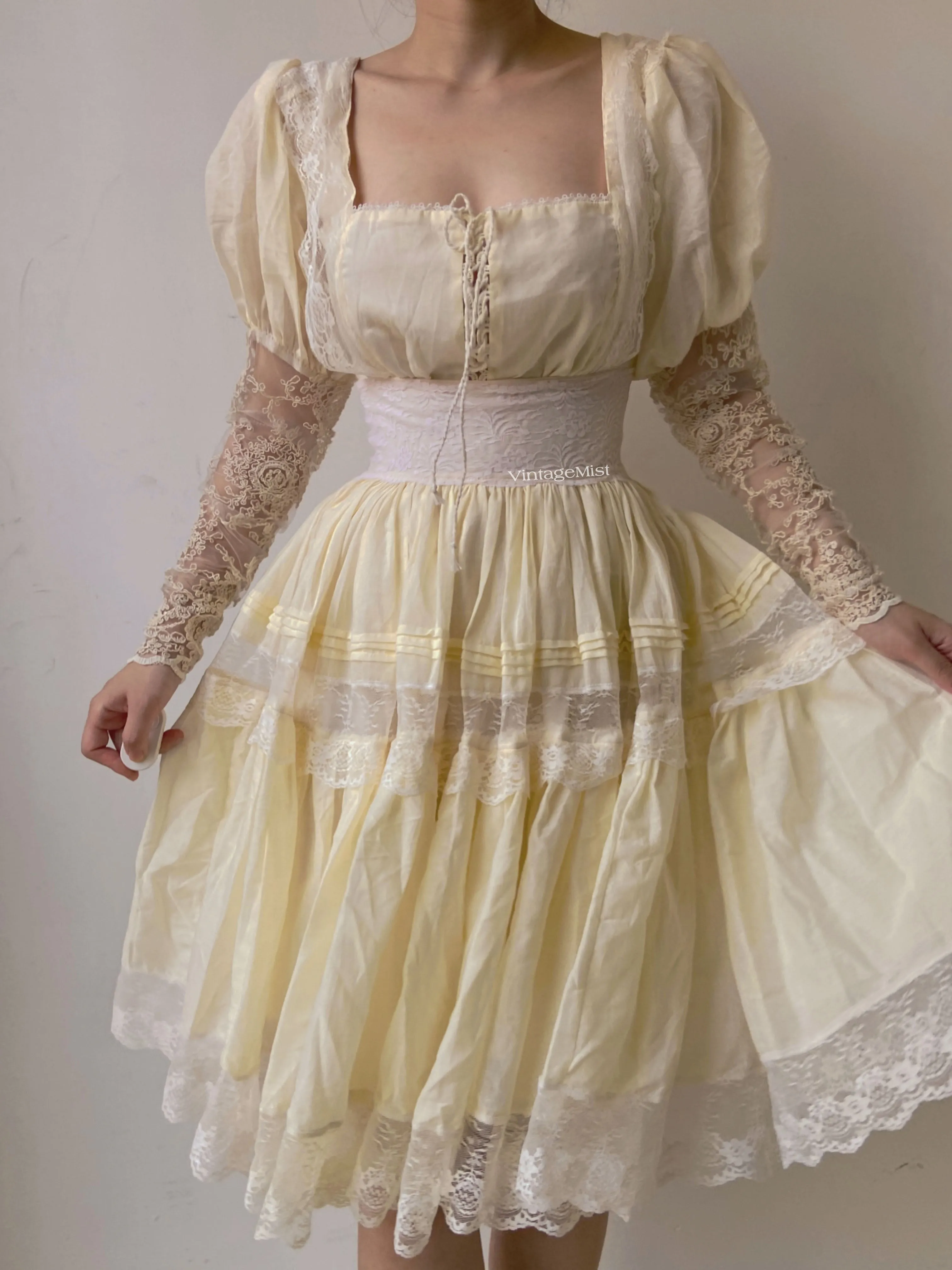 Lace Leg-of-Mutton Sleeve Pleated Midi Dress
