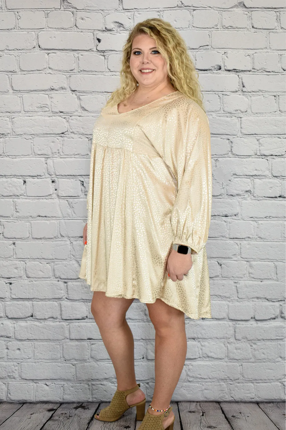 Long Sleeve Satin Animal Print Babydoll Dress in Plus by Umgee Clothing