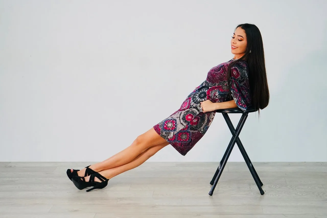 Loren mandala burgundy print with cape sleeve knee length