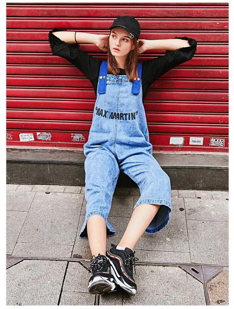 MAXMARTIN LOGO PRINT DENIM DUNGAREE IN BLUE WASH