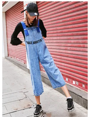 MAXMARTIN LOGO PRINT DENIM DUNGAREE IN BLUE WASH