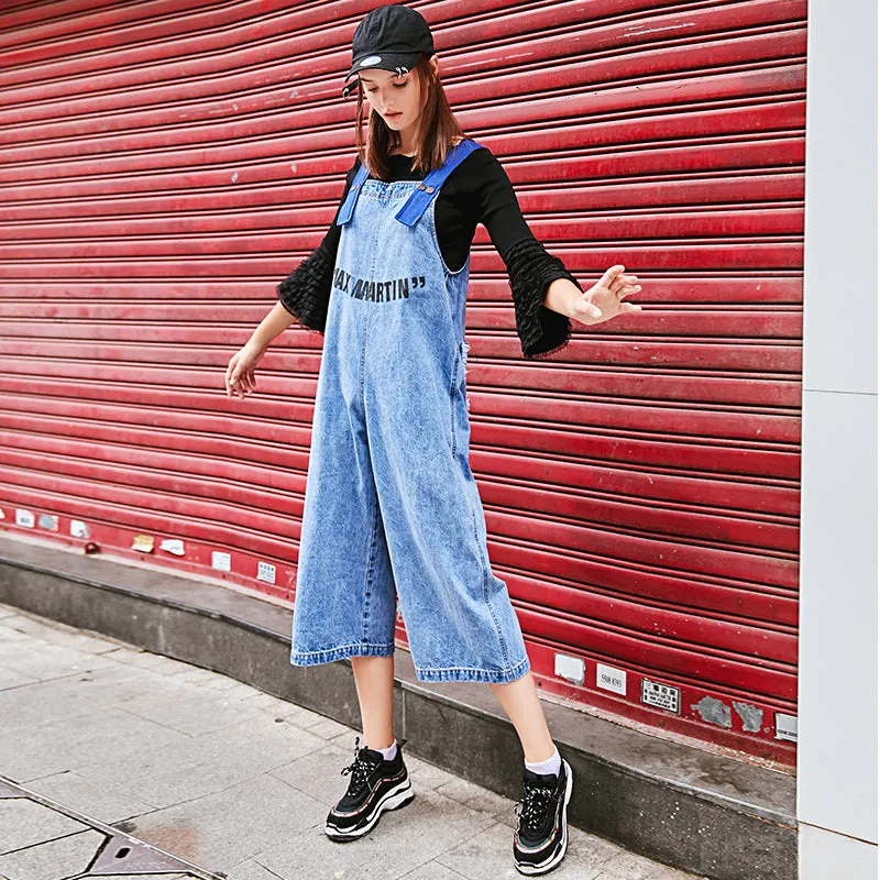 MAXMARTIN LOGO PRINT DENIM DUNGAREE IN BLUE WASH