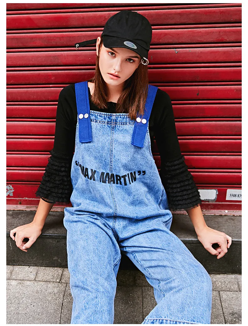 MAXMARTIN LOGO PRINT DENIM DUNGAREE IN BLUE WASH