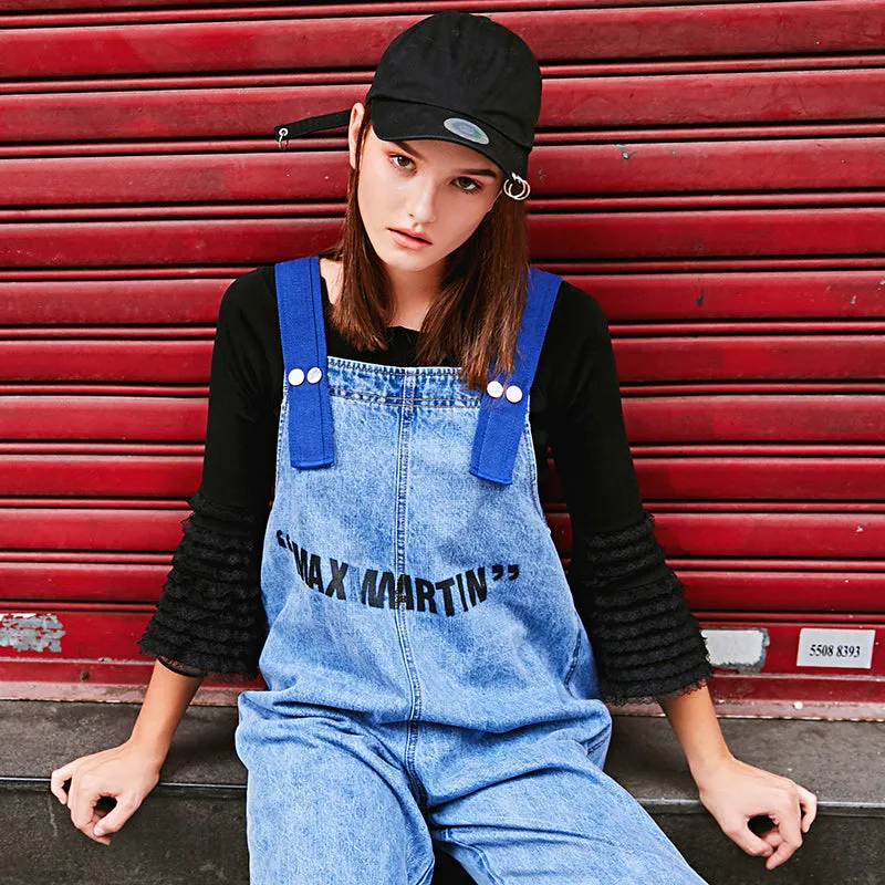 MAXMARTIN LOGO PRINT DENIM DUNGAREE IN BLUE WASH