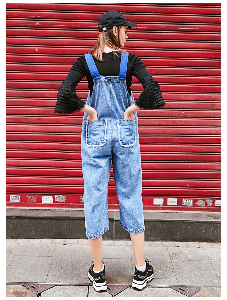 MAXMARTIN LOGO PRINT DENIM DUNGAREE IN BLUE WASH