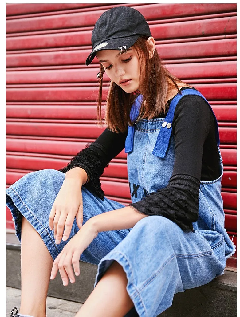 MAXMARTIN LOGO PRINT DENIM DUNGAREE IN BLUE WASH