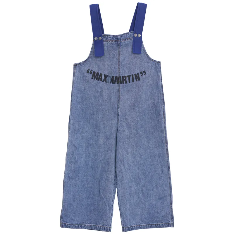 MAXMARTIN LOGO PRINT DENIM DUNGAREE IN BLUE WASH