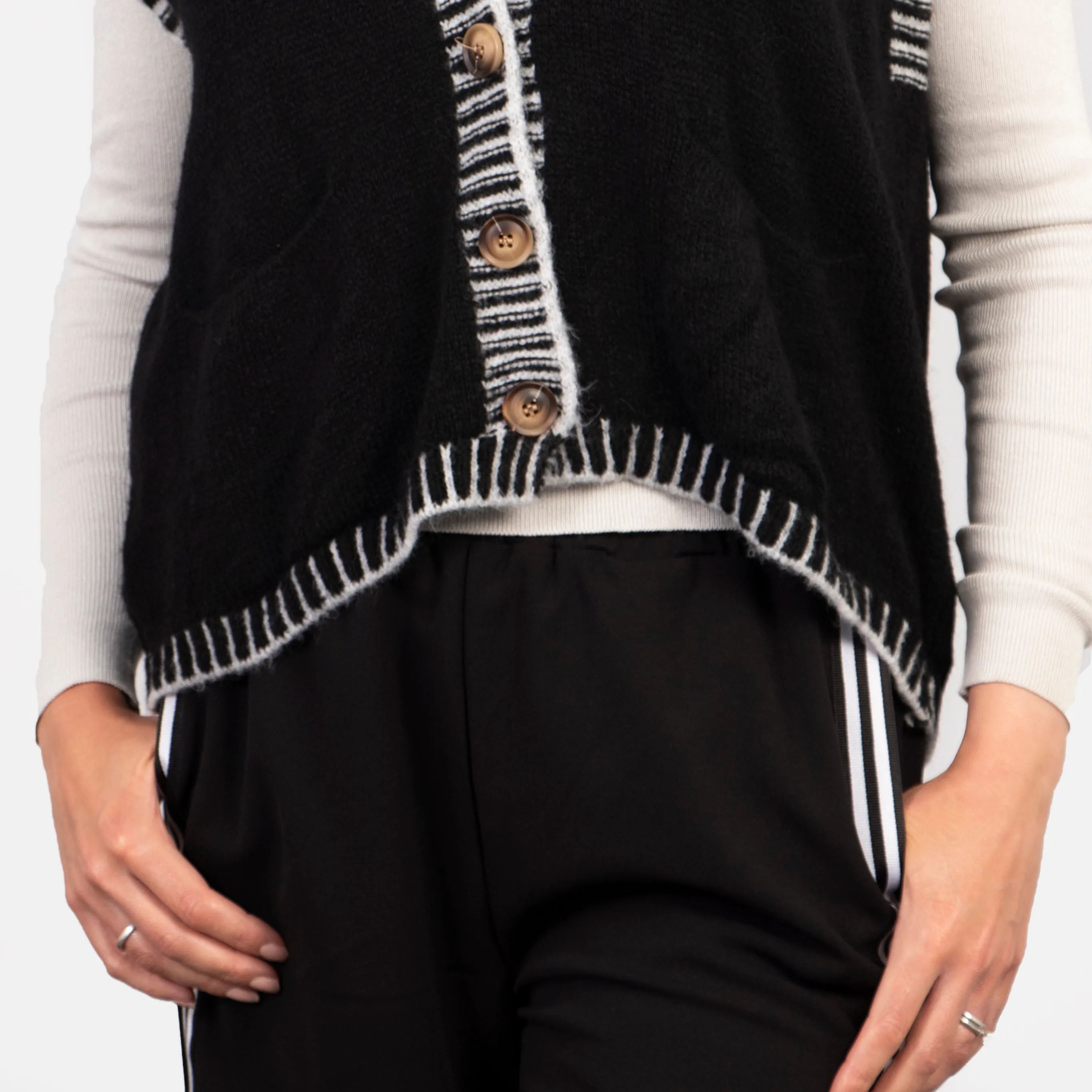 Molly Button Up Vest - Black/Grey, Contrast Stitch