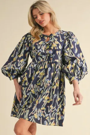Navy Floral 3/4 Sleeve Babydoll Dress with Side Pockets