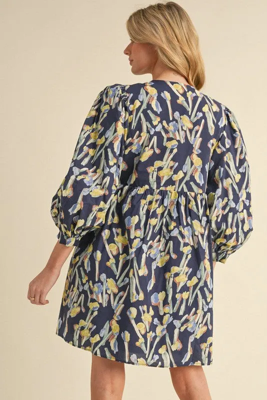 Navy Floral 3/4 Sleeve Babydoll Dress with Side Pockets