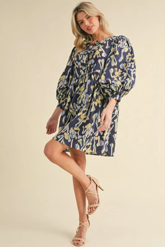 Navy Floral 3/4 Sleeve Babydoll Dress with Side Pockets