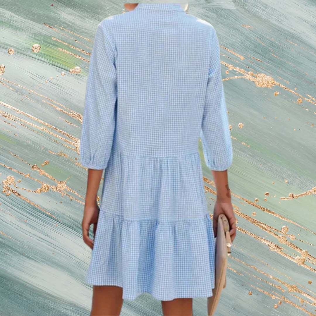 Plaid Print Button Up Split Neck Tunic Dress