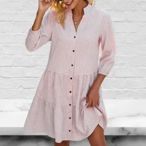 Plaid Print Button Up Split Neck Tunic Dress